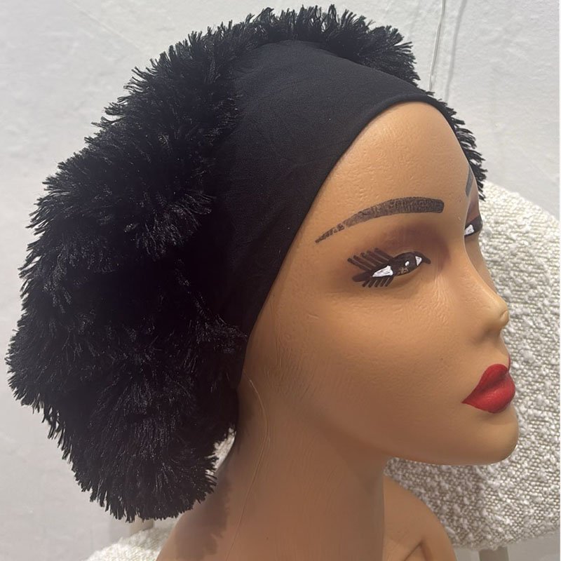 Black volumizer under scarf bonnet