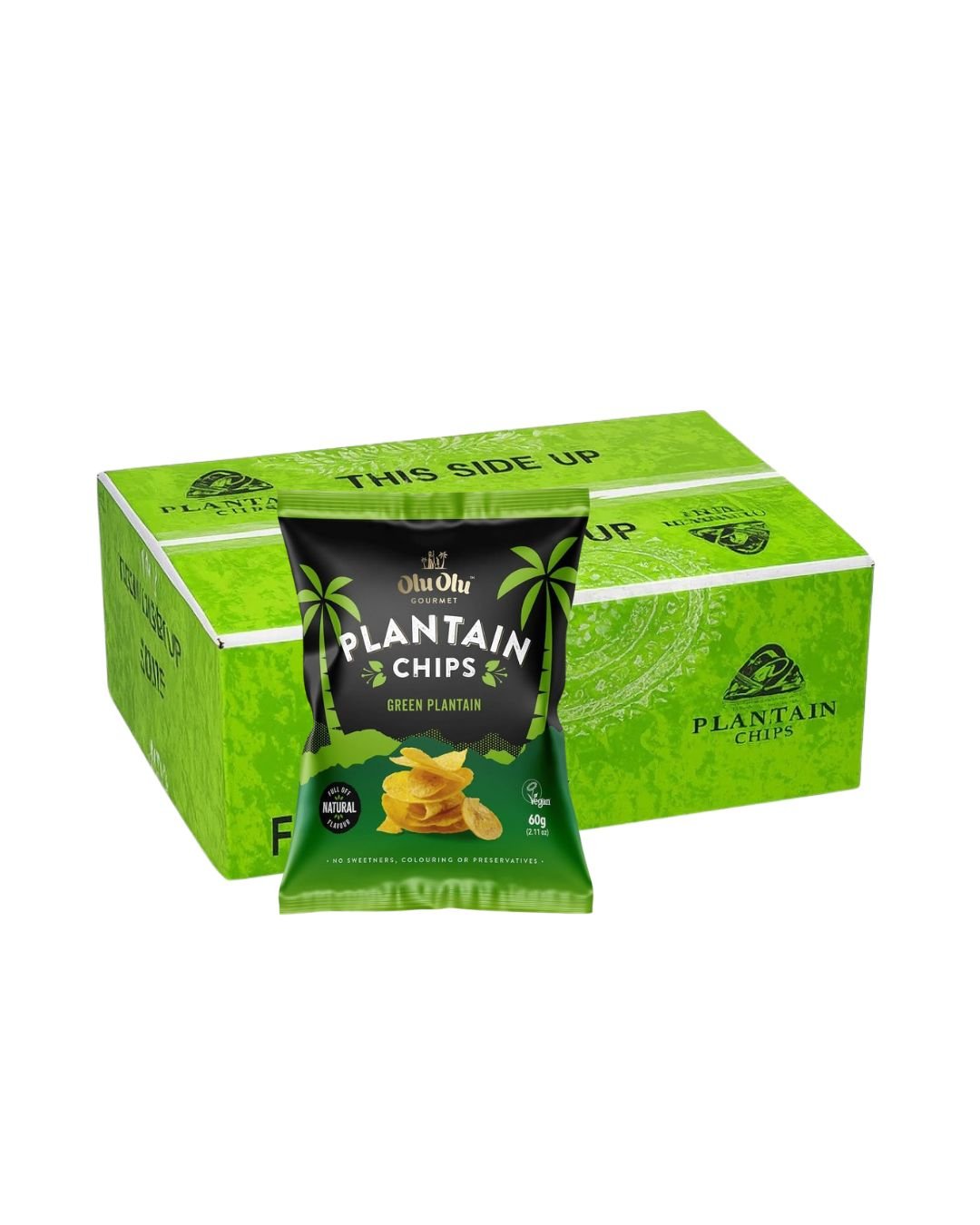 A Box of Olu Olu Gourmet Plantain Chips.
